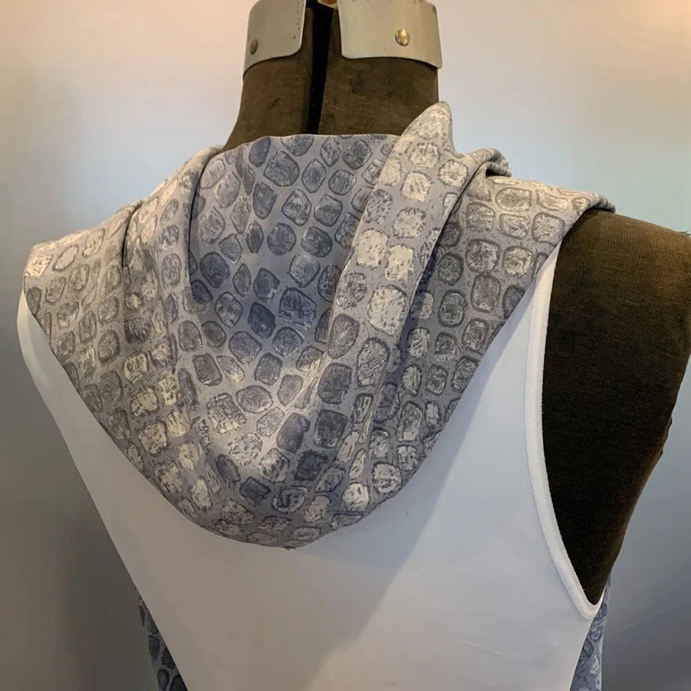 Francesca 💯 silk scarf in blueish grey hues in tiles with sexy fringe Italy made